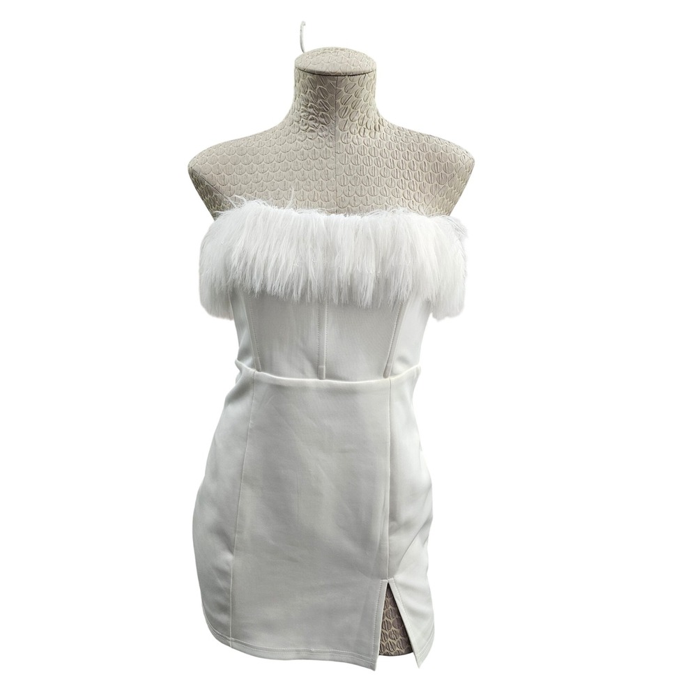 Showpo Mini Dress‎ Womens 4 White Faux Fur Trim Strapless Bodycon Slit Cocktail